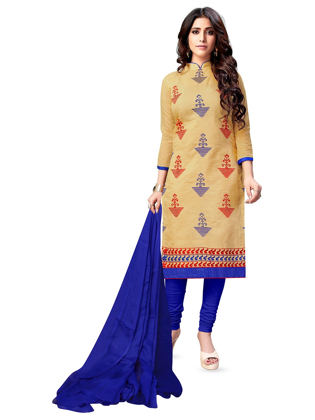 

MANVAA Floral Embroidered Unstitched Dress Material, Beige