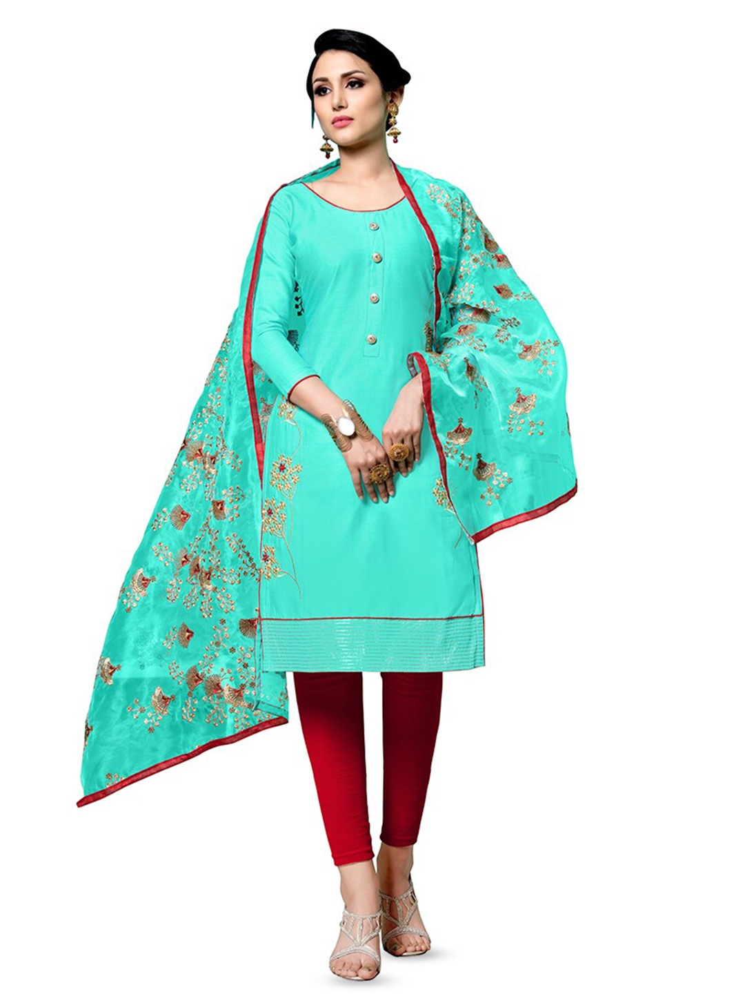 

MANVAA Floral Embroidered Pure Cotton Unstitched Dress Material, Sea green