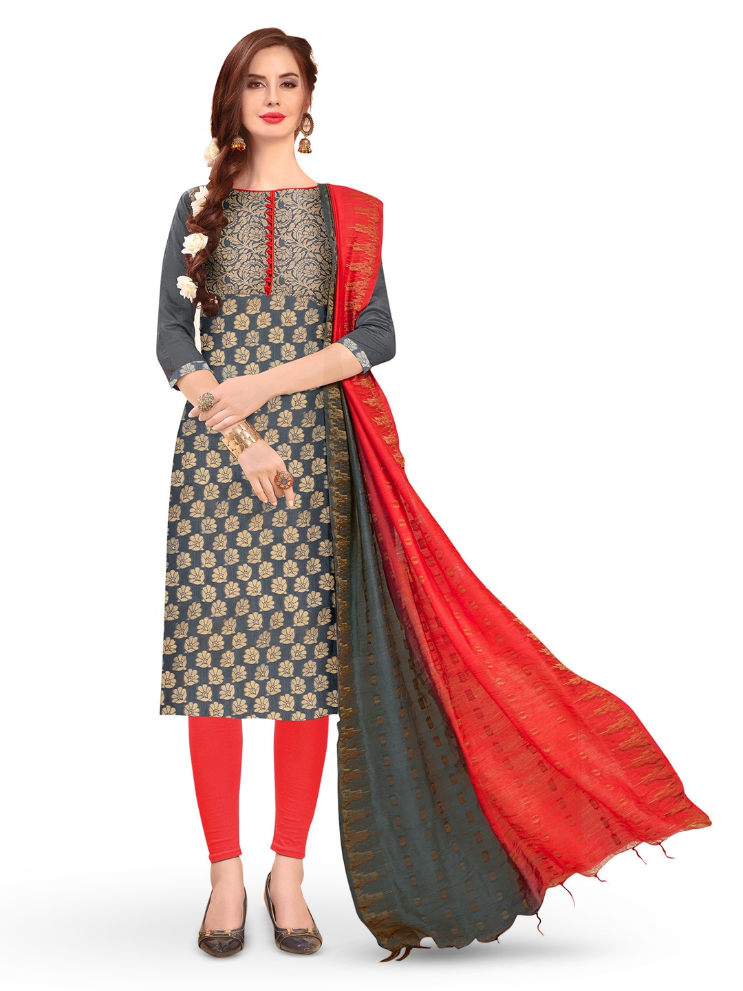 

MANVAA Ethnic Motifs Woven Designed Banarasi Jacquard Unstitched Dress Material, Grey