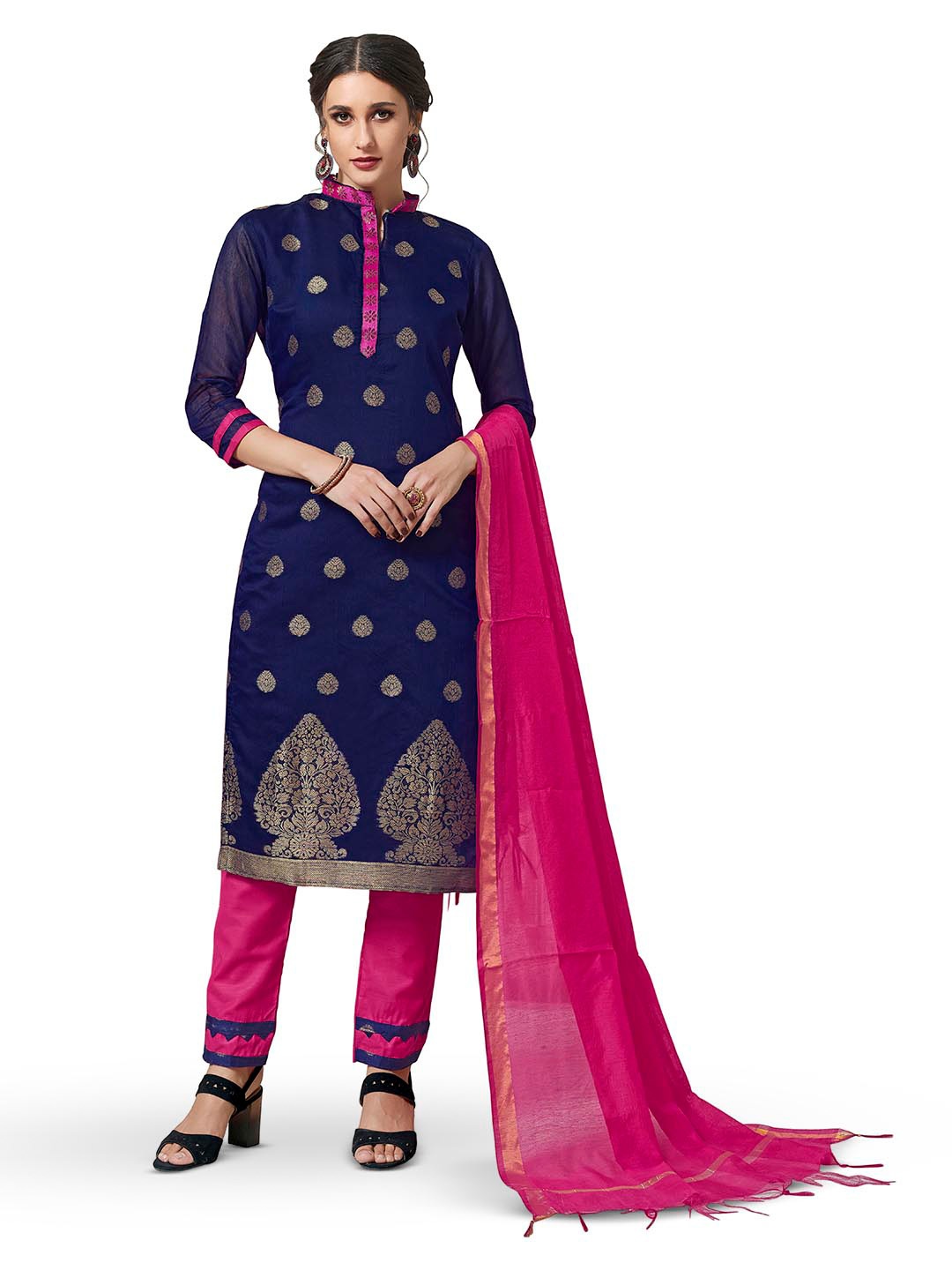 

MANVAA Ethnic Motifs Woven Designed Banarasi Silk Unstitched Dress Material, Blue