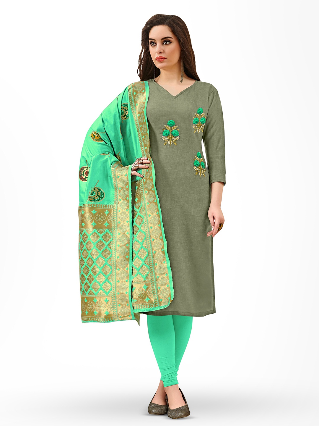 

MANVAA Floral Embroidered Unstitched Dress Material, Green