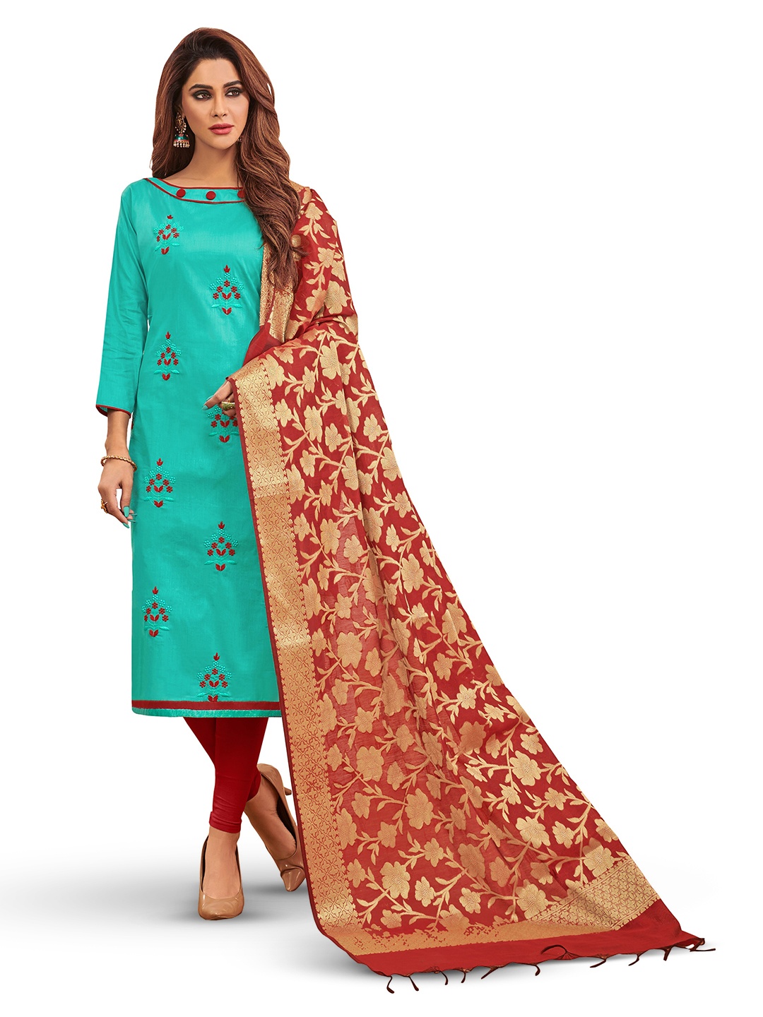 

MANVAA Floral Embroidered Unstitched Dress Material, Sea green