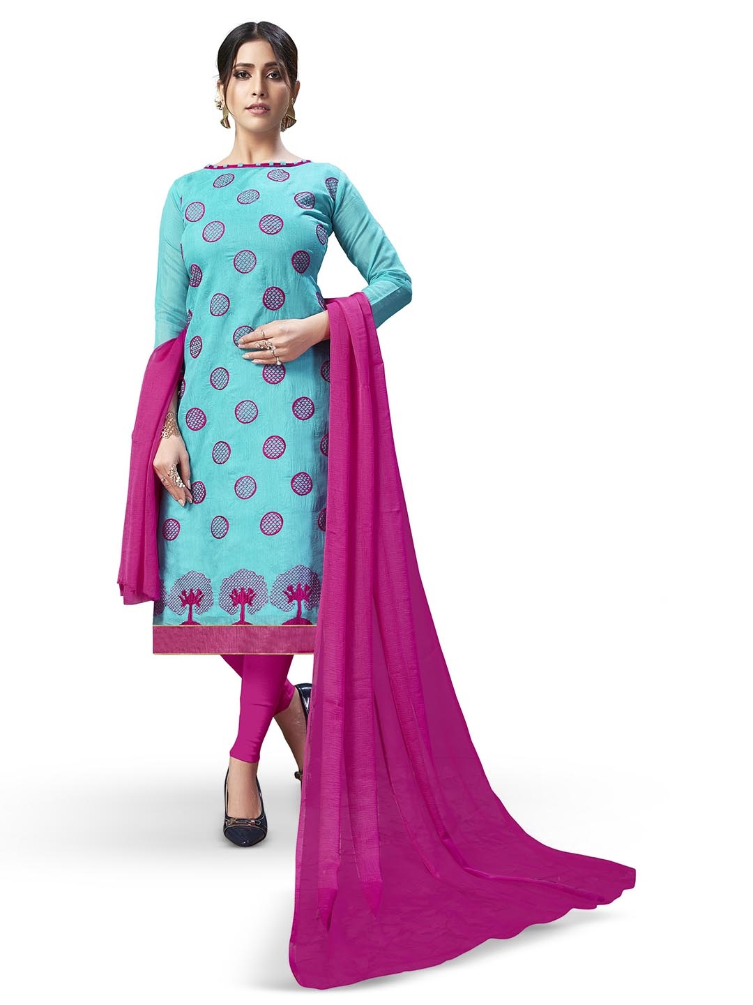 

MANVAA Geometric Embroidered Unstitched Dress Material, Blue