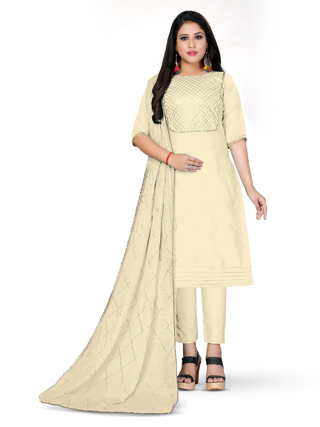 

MANVAA Geometric Embroidered Gotta Patti Modal Cotton Unstitched Dress Material, Beige