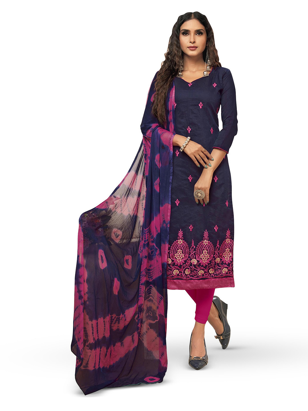 

MANVAA Ethnic Motifs Embroidered Unstitched Dress Material, Navy blue