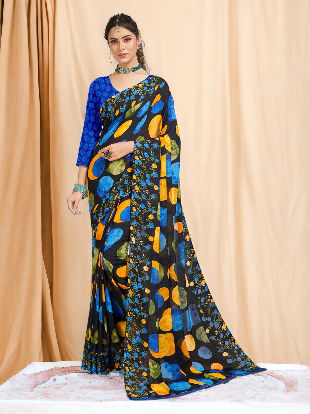 

DIVASTRI Polka Dot Georgette Designer Saree, Blue