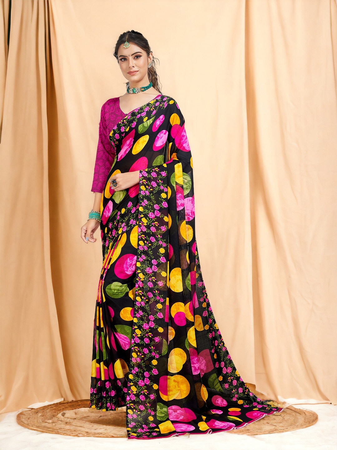 

DIVASTRI Polka Dot Georgette Designer Saree, Pink