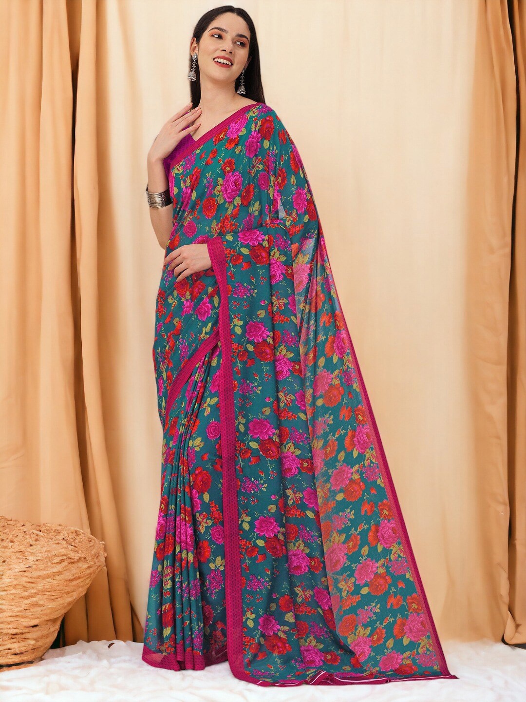 DIVASTRI Floral Georgette Designer Saree, Teal