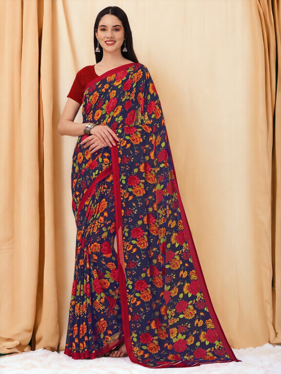 

DIVASTRI Floral Georgette Designer Saree, Navy blue