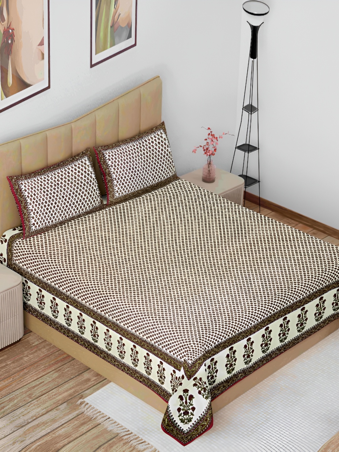 

The Craft Monk White & Maroon Floral 180 TC King Bedsheet with 2 Pillow Covers