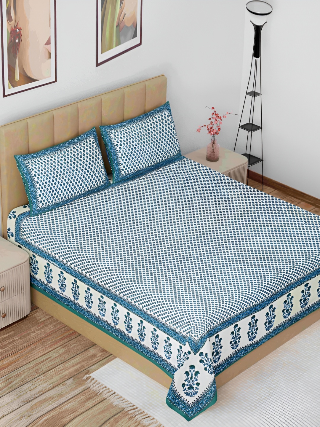 

The Craft Monk White & Blue Floral 180 TC King Bedsheet with 2 Pillow Covers