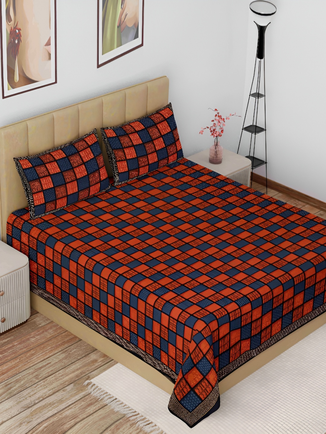 

The Craft Monk Orange Blue 180 TC King Bedsheet with 2 Pillow Covers