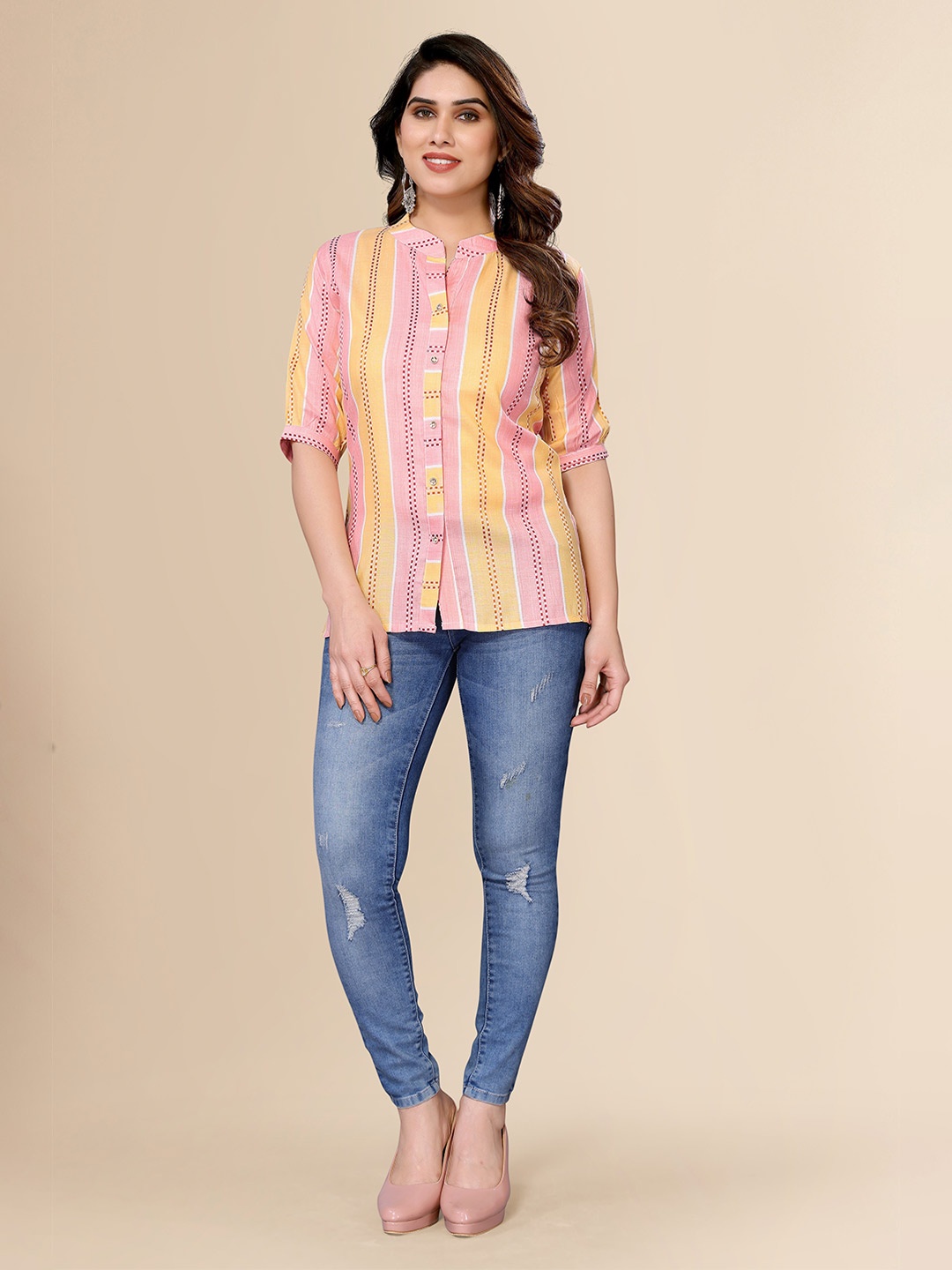 

FABMORA Striped Mandarin Collar Cotton Tunic, Pink