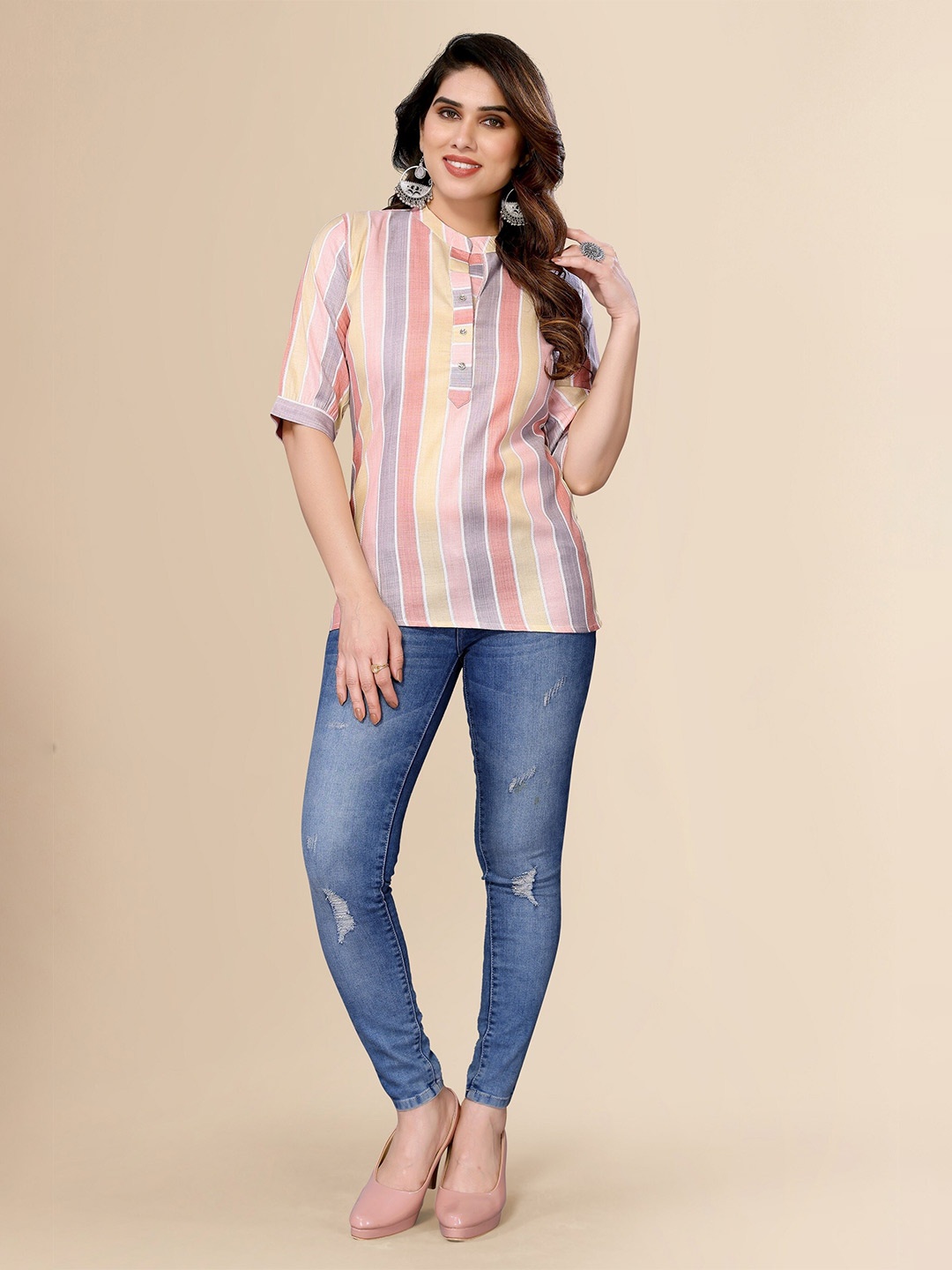 

FABMORA Striped Mandarin Collar Cotton Tunic, Pink