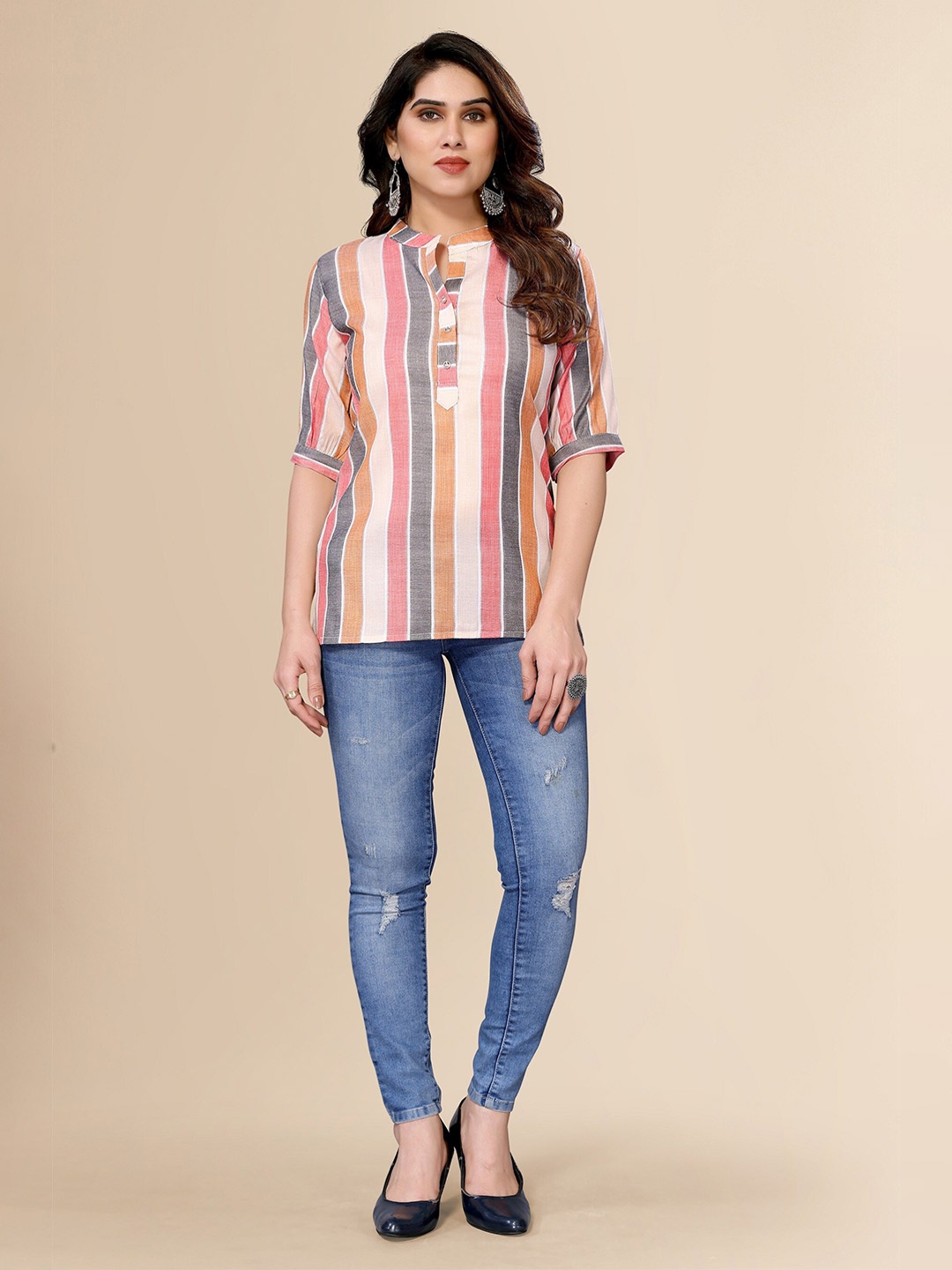 

FABMORA Striped Mandarin Collar Cotton Tunic, Pink