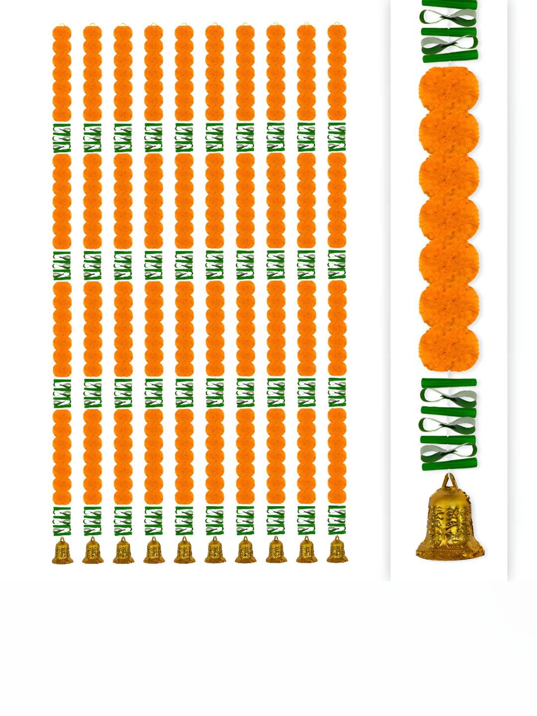 

iHandikart Orange 10 Pieces Hanging Marigold With Leaf And Bell Garland Artificial Flower