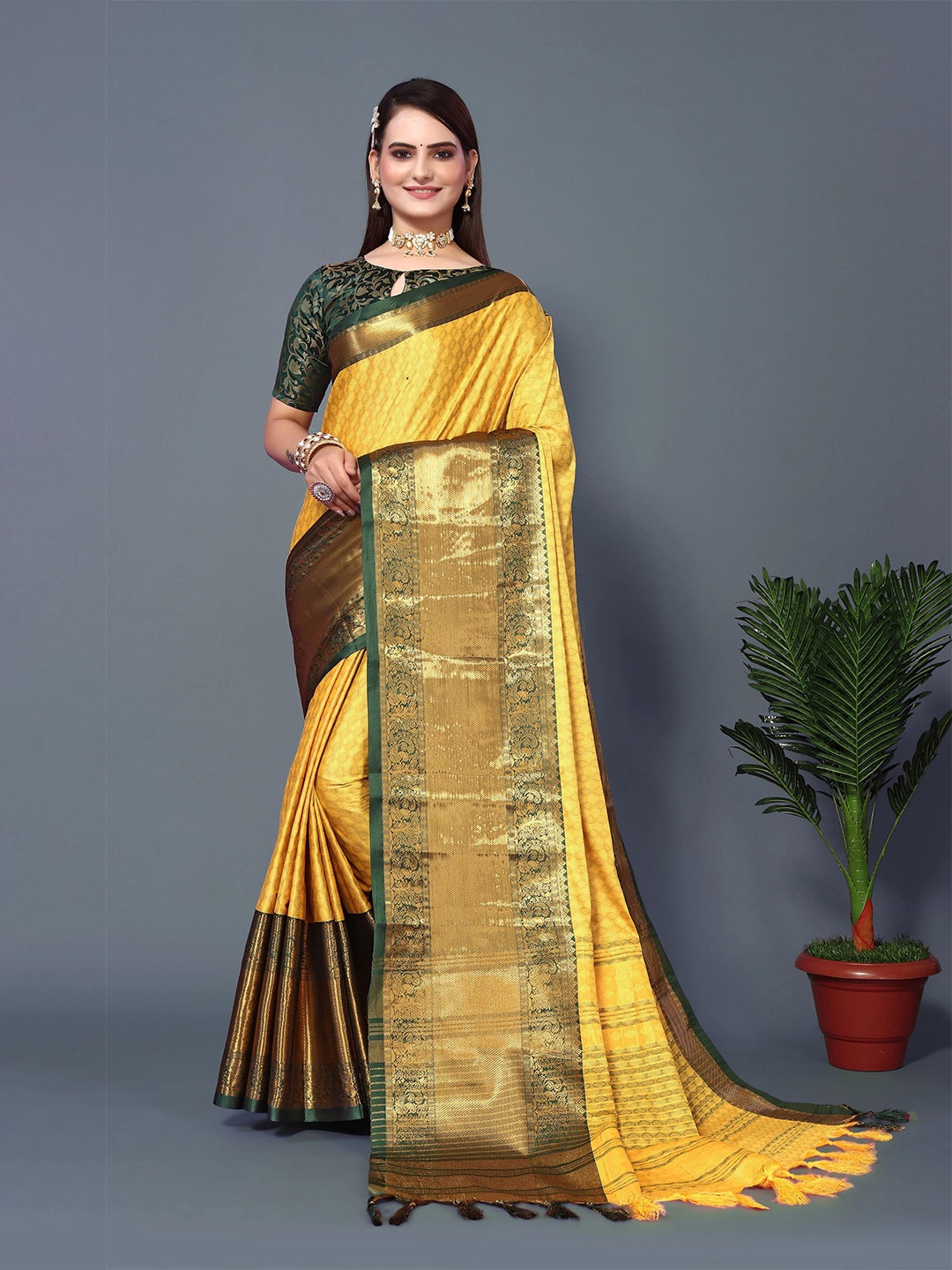 

DWINI Ethnic Motifs Woven Design Zari Silk Cotton Dharmavaram Saree, Yellow