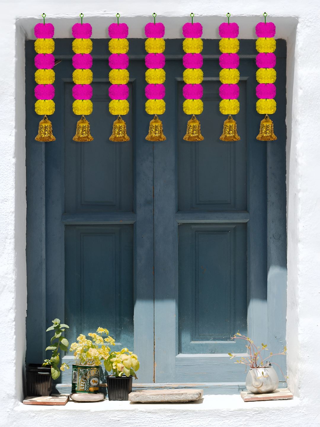 

iHandikart Yellow & Pink 50 Pieces Hanging Marigold Artificial Flower With Bell