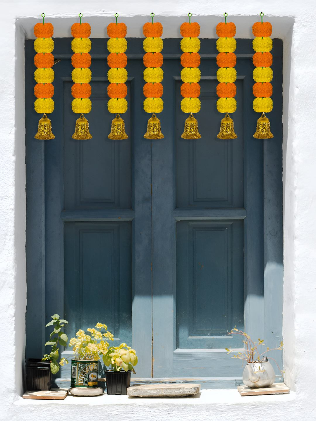 

iHandikart Yellow Orange 50 Pieces Hanging Marigold With Bell Garland Artificial Flower