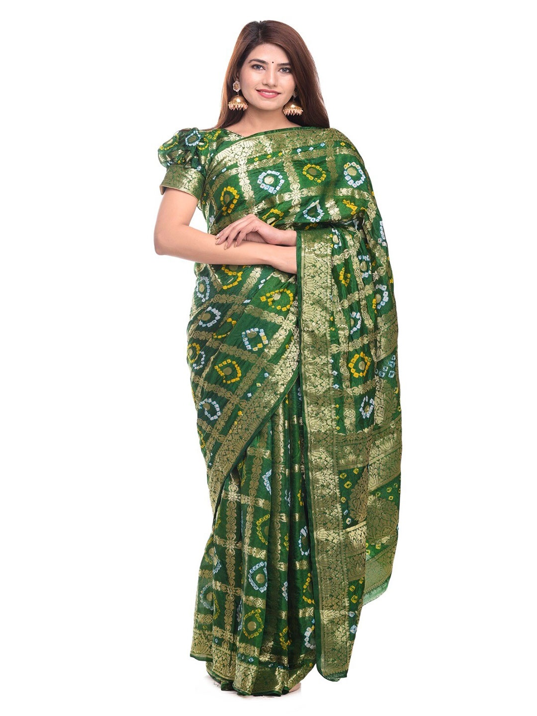

MINE CHOICE Woven Design Zari Art Silk Bandhani Saree, Green