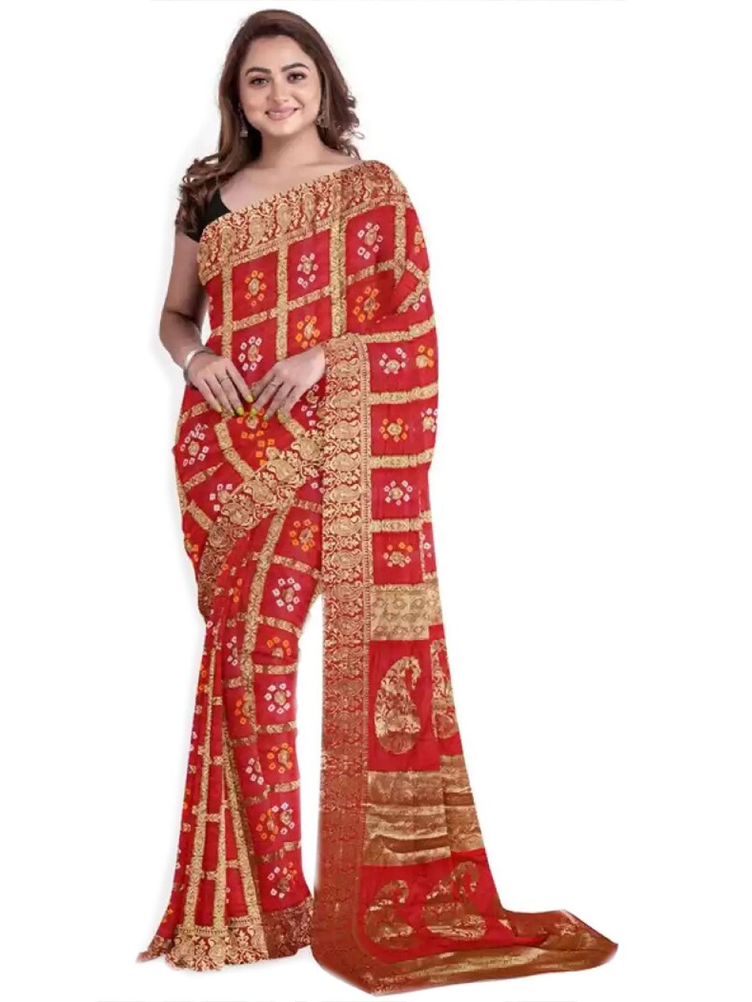 

MINE CHOICE Woven Design Zari Art Silk Bandhani Saree, Red