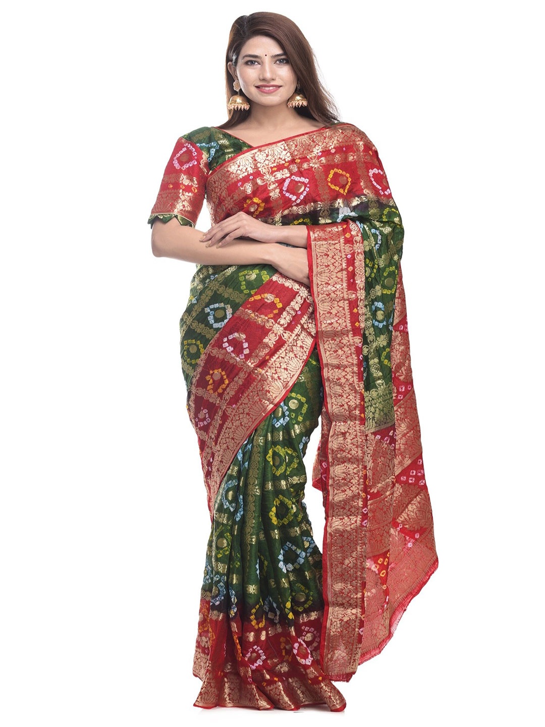

MINE CHOICE Woven Design Zari Art Silk Bandhani Saree, Green