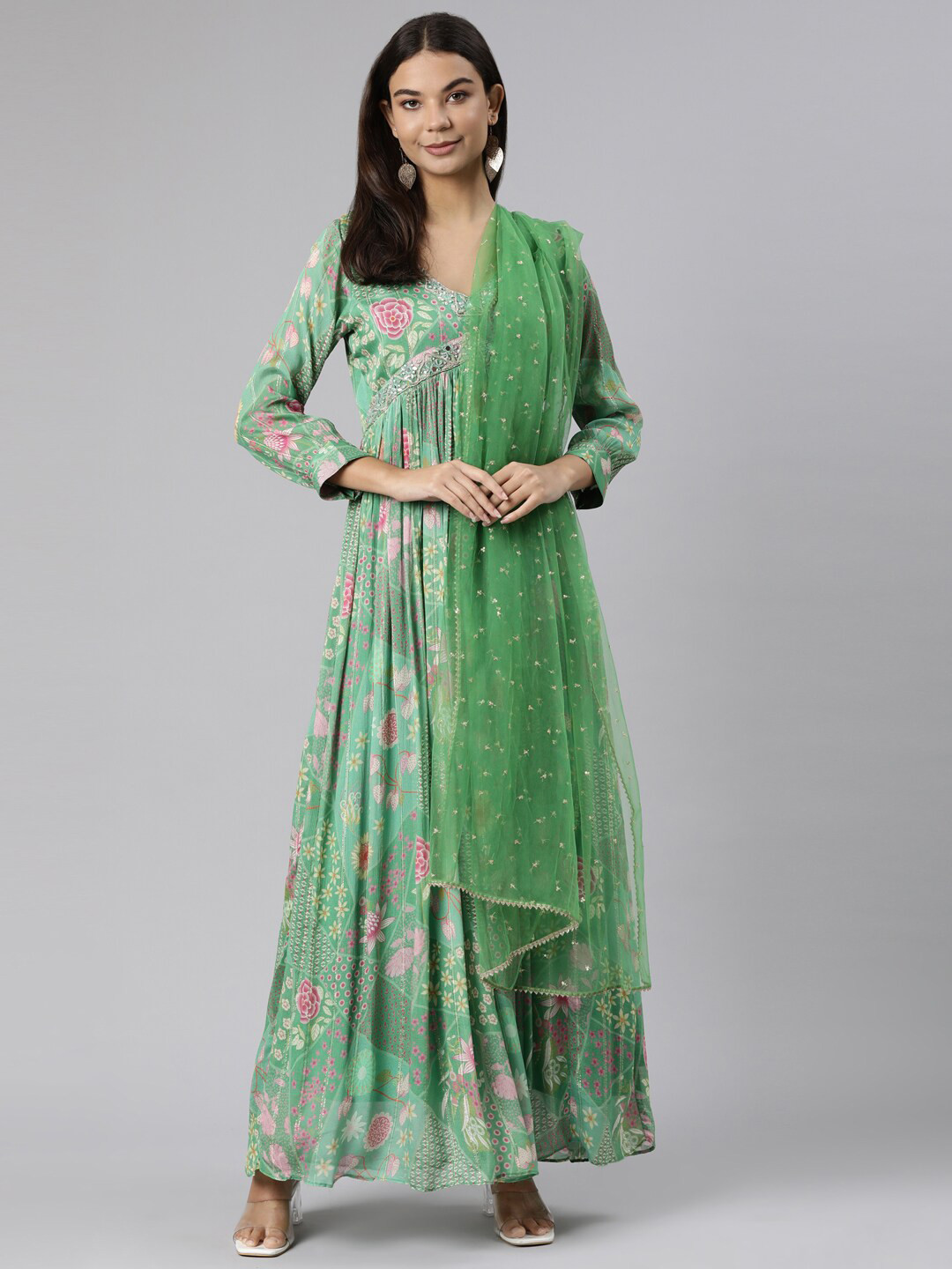 

Neerus Floral Printed V-Neck Embellished Cotton Empire Maxi Ethnic Dress with Dupatta, Green