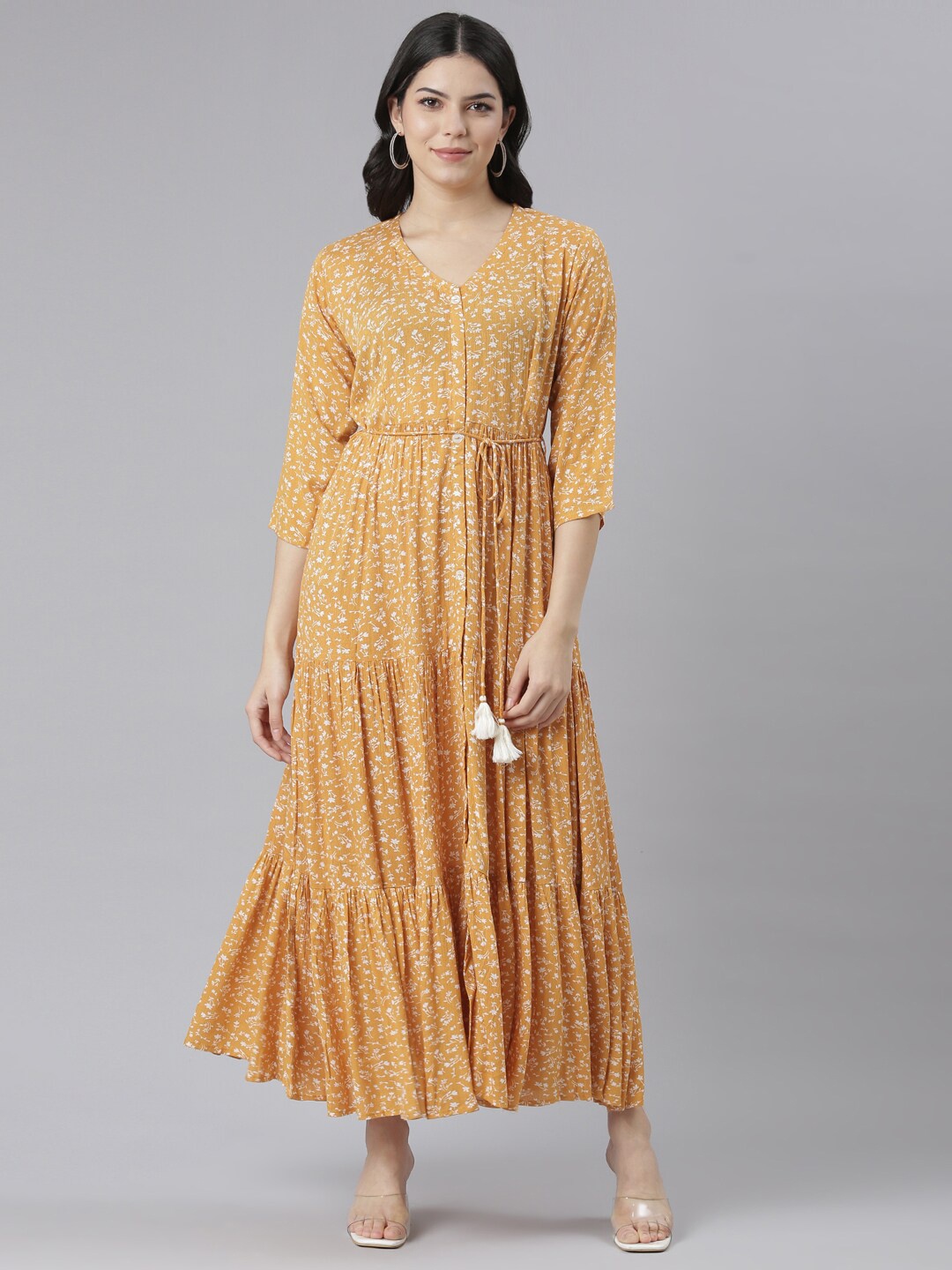 

Neerus Floral Printed V-Neck Tiered & Gathered Detail Silk Maxi Dress, Mustard