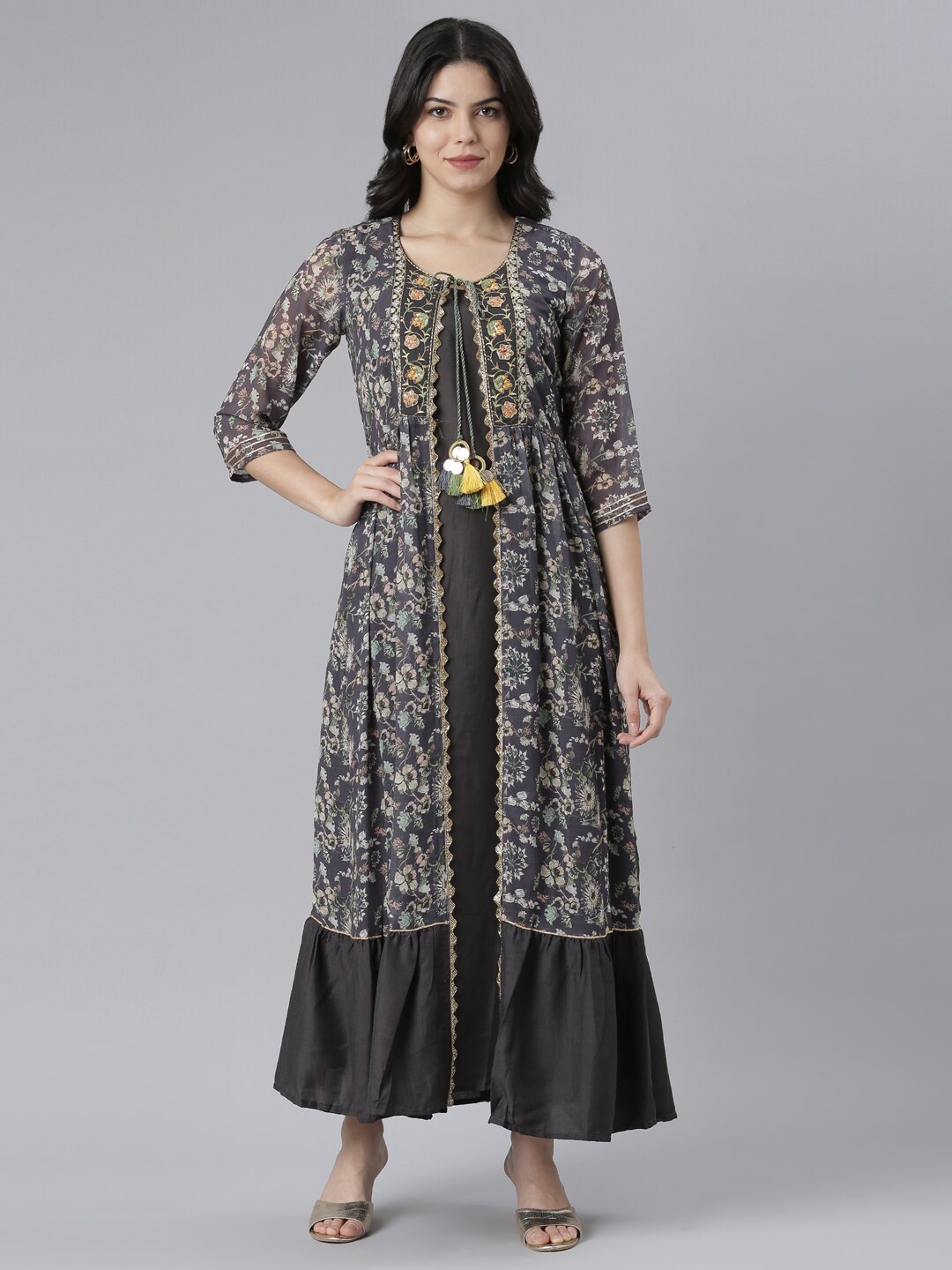 

Neerus Floral Printed Georgette Maxi Ethnic Dress, Grey