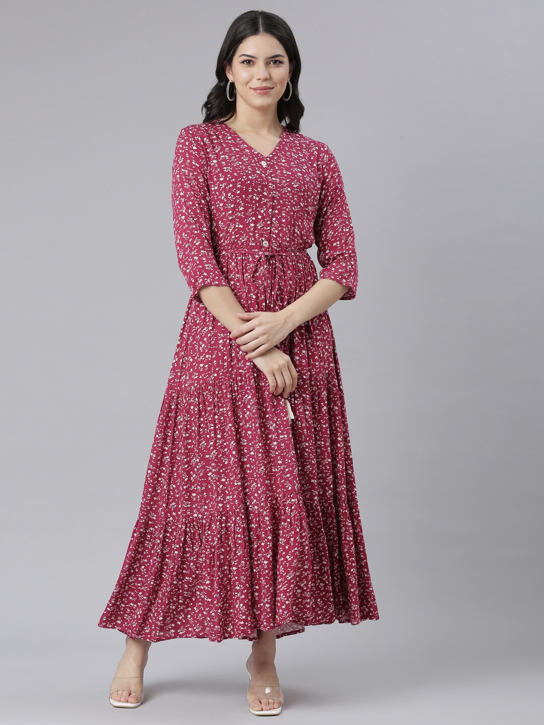 

Neerus Floral Printed Silk Maxi Dress, Magenta