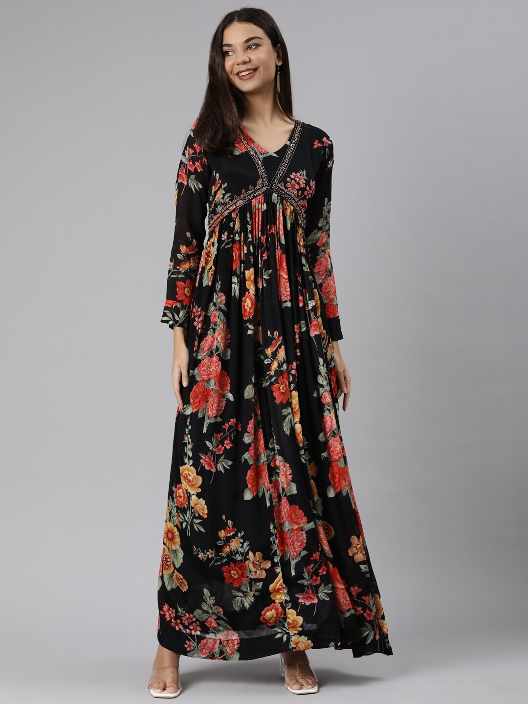 

Neerus Floral Printed V-Neck Embellished Silk Empire Dress, Black