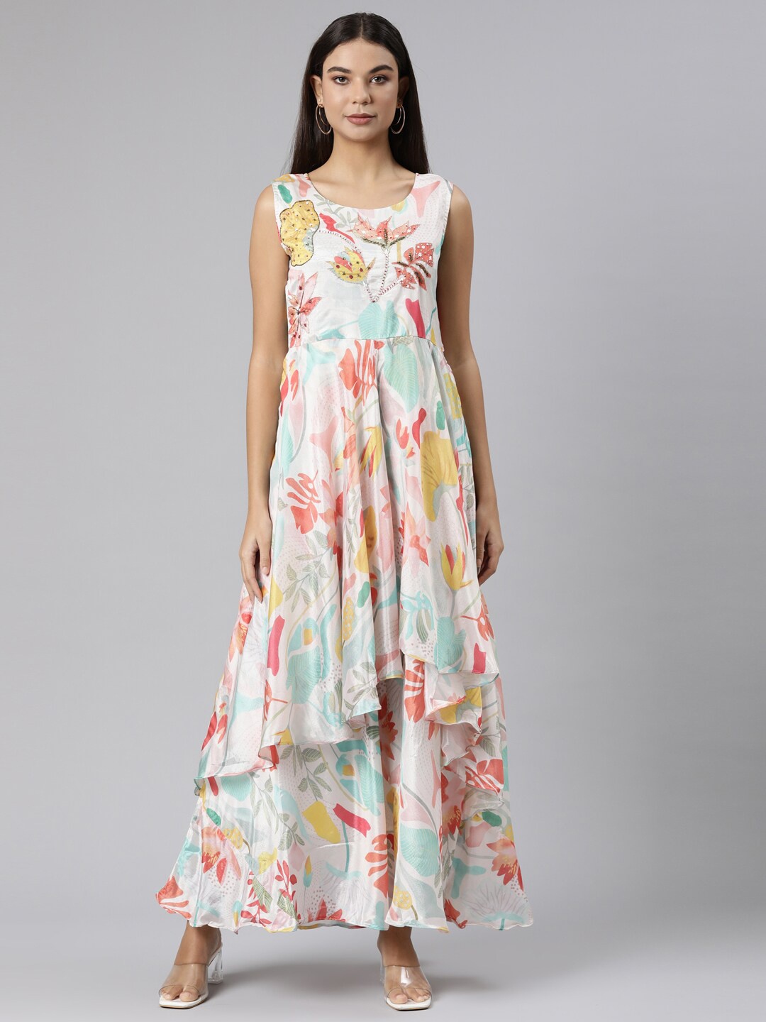 

Neerus Floral Printed Embellished Detail Sleeveless Cotton Fit & Flare Maxi Dress, Cream