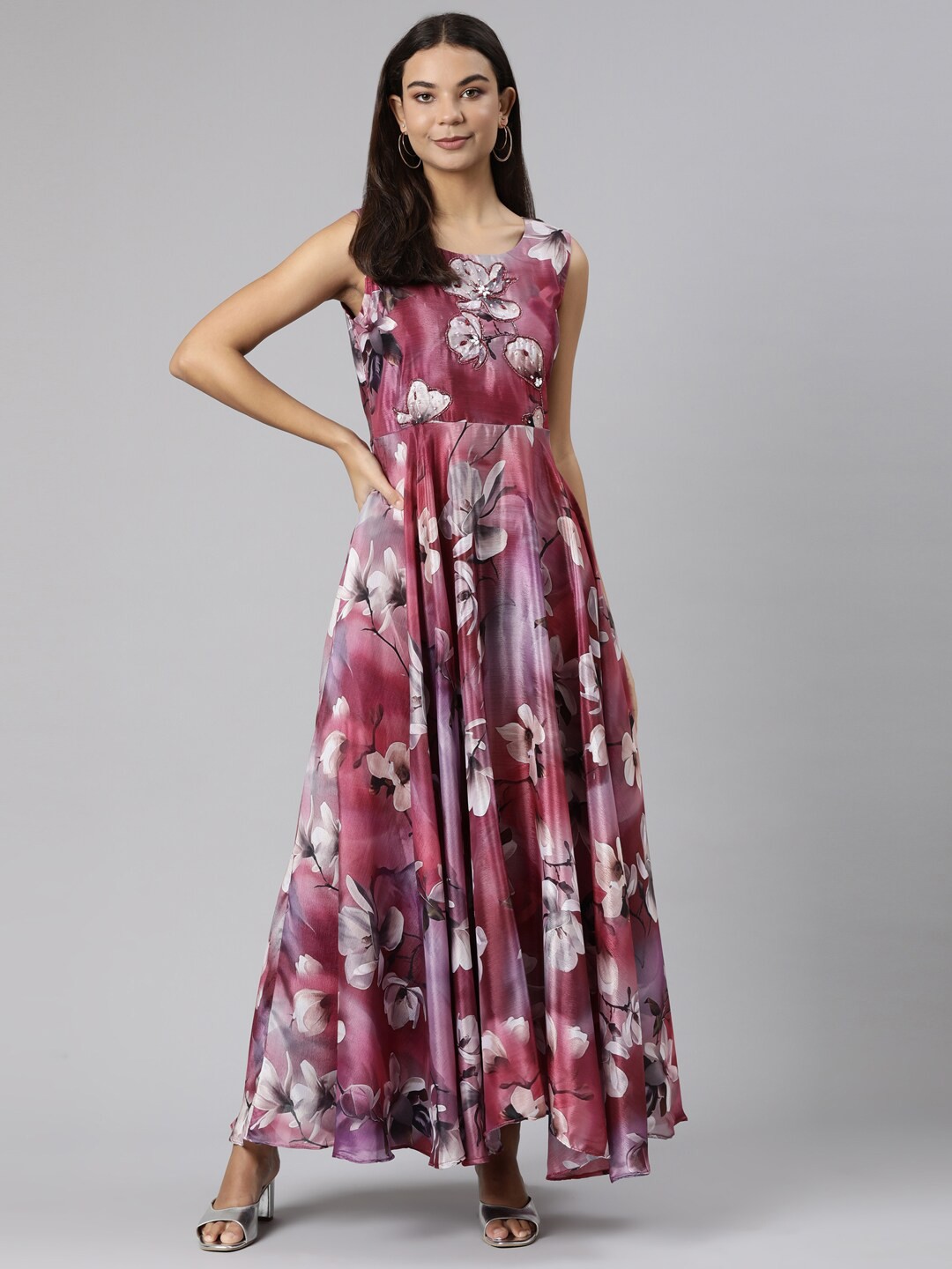 

Neerus Floral Printed Embellished Detail Sleeveless Cotton Fit & Flare Maxi Dress, Pink