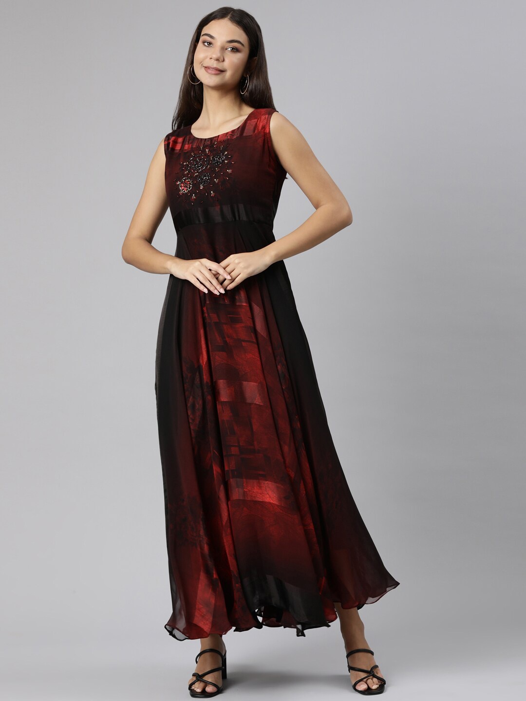 

Neerus Abstract Printed Silk Fit & Flare Maxi Dress, Maroon