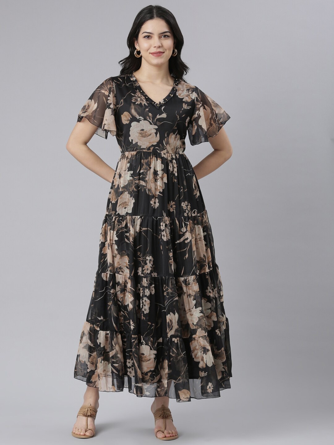 

Neerus Floral Printed Flared Sleeve Silk Maxi Dress, Black