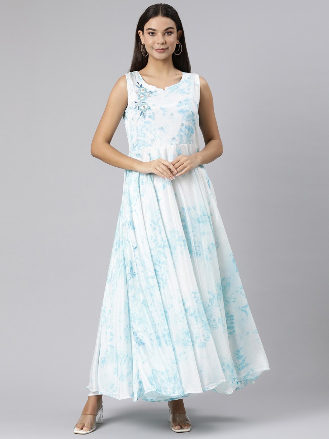 

Neerus Tie & Dye Embroidered Silk Fit & Flare Maxi Ethnic Dress, White