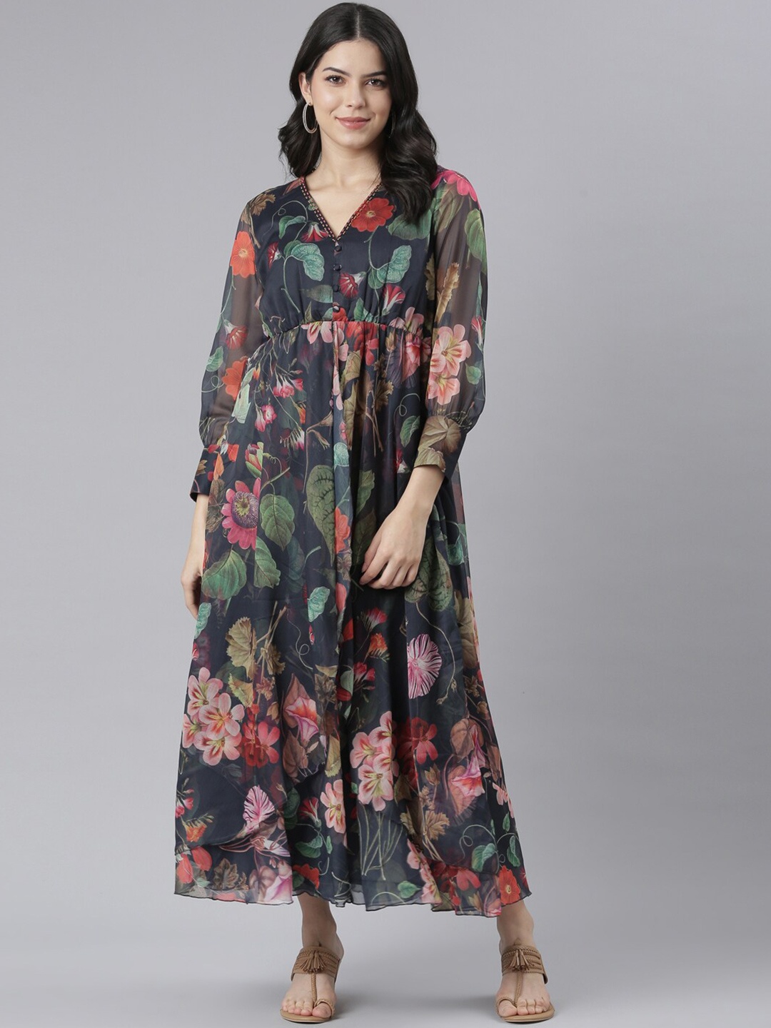 

Neerus Floral Printed V-Neck Cuffed Sleeves Beaded & Gathered Silk Fit & Flare Maxi Dress, Navy blue