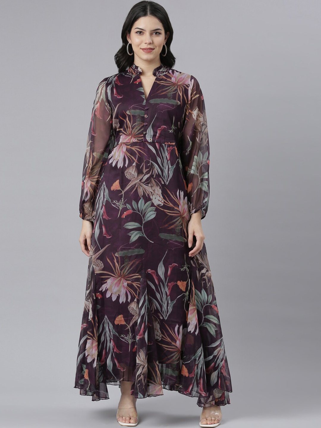 

Neerus Floral Printed Silk Maxi Dress, Purple