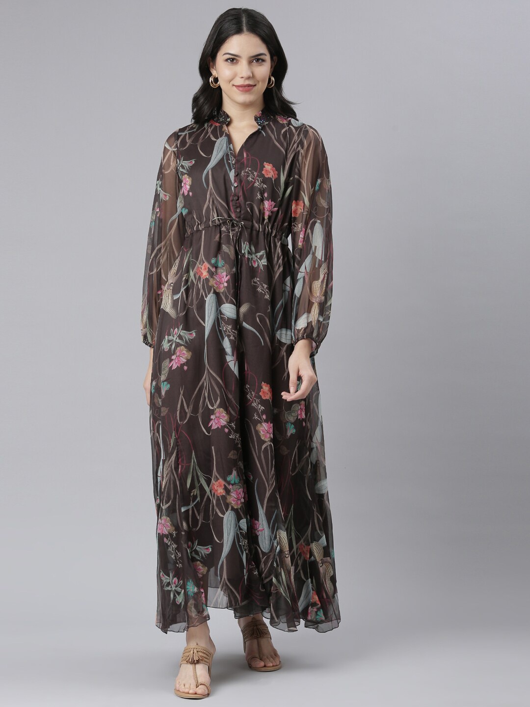 

Neerus Floral Printed Mandarin Collar Puff Sleeves Silk Fit & Flare Maxi Ethnic Dress, Brown