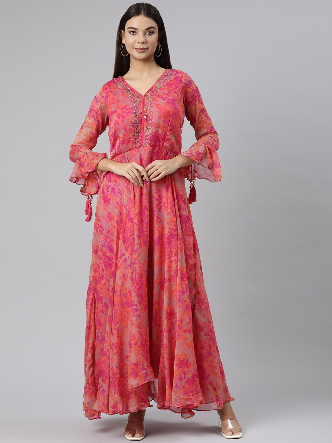 

Neerus Tie and Dye V-Neck Bell Sleeve Embellished Silk Fit & Flare Maxi Ethnic Dress, Pink