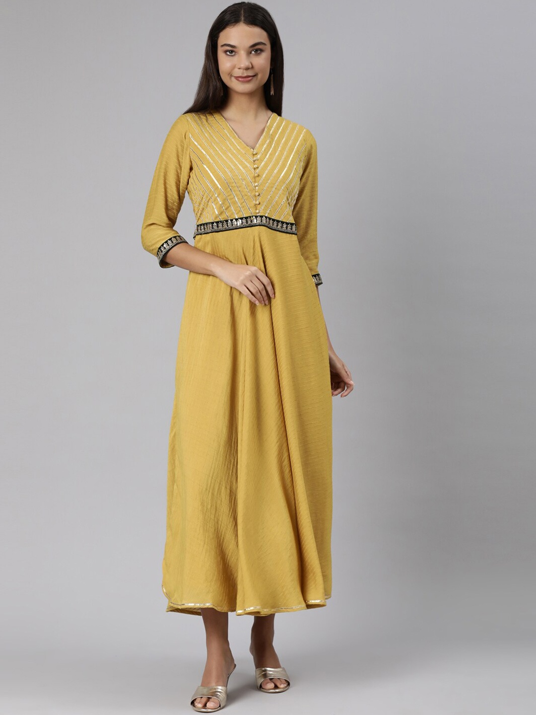 

Neerus Self Design Maxi Ethnic Dress, Yellow