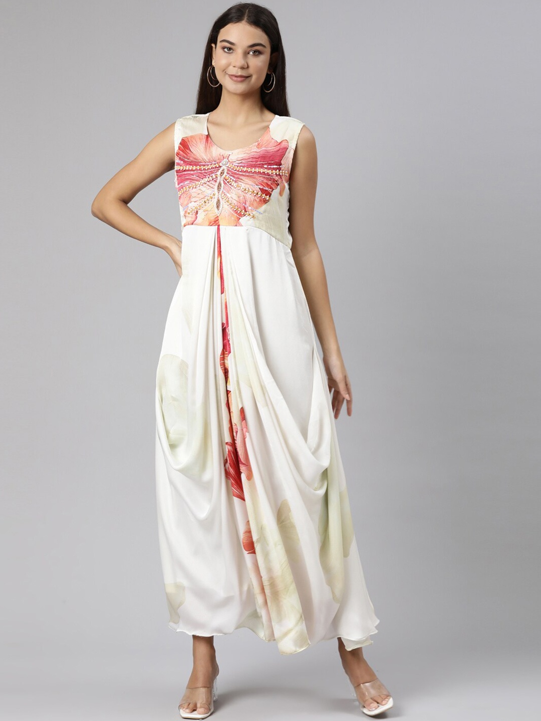 

Neerus Floral Embroidered Cotton Fit & Flare Maxi Ethnic Dress, Off white