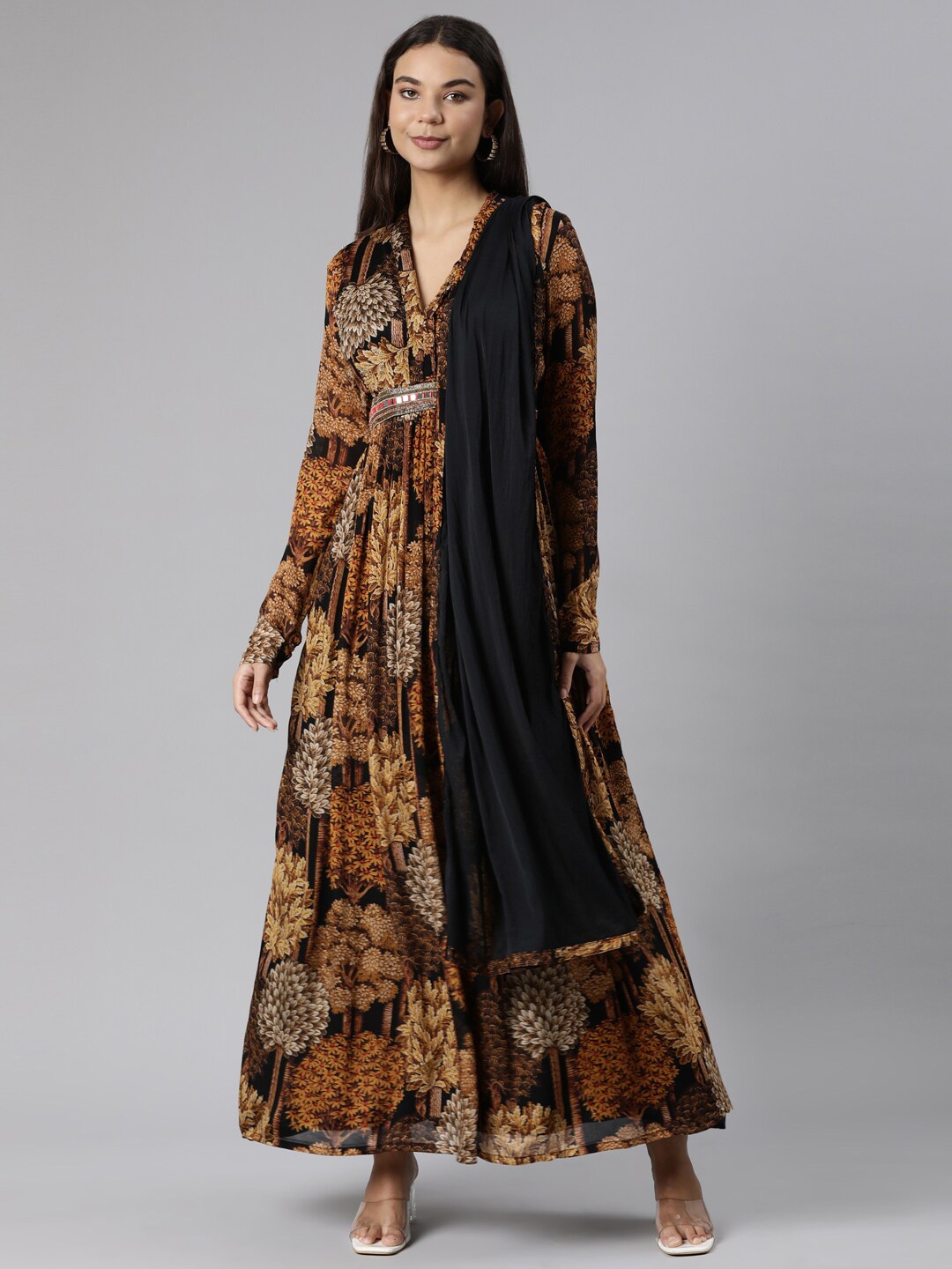 

Neerus Floral Printed Maxi Silk Ethnic Dress, Gold