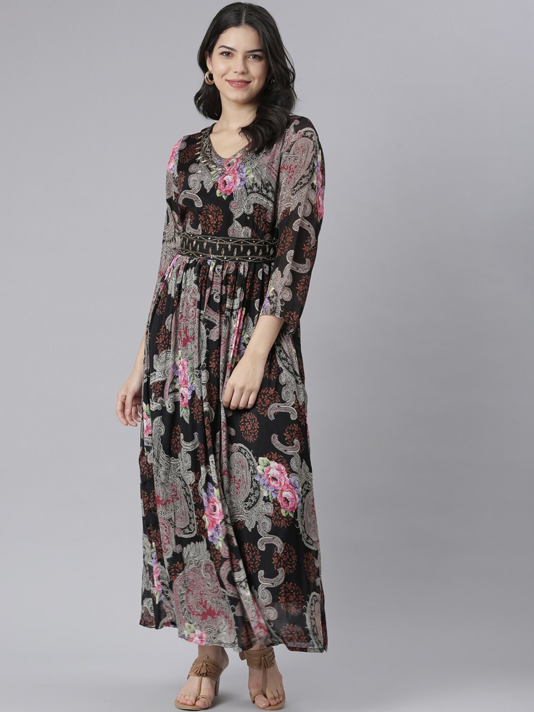 

Neerus Floral Printed V-Neck Embellished Cotton Fit & Flare Maxi Dress, Black
