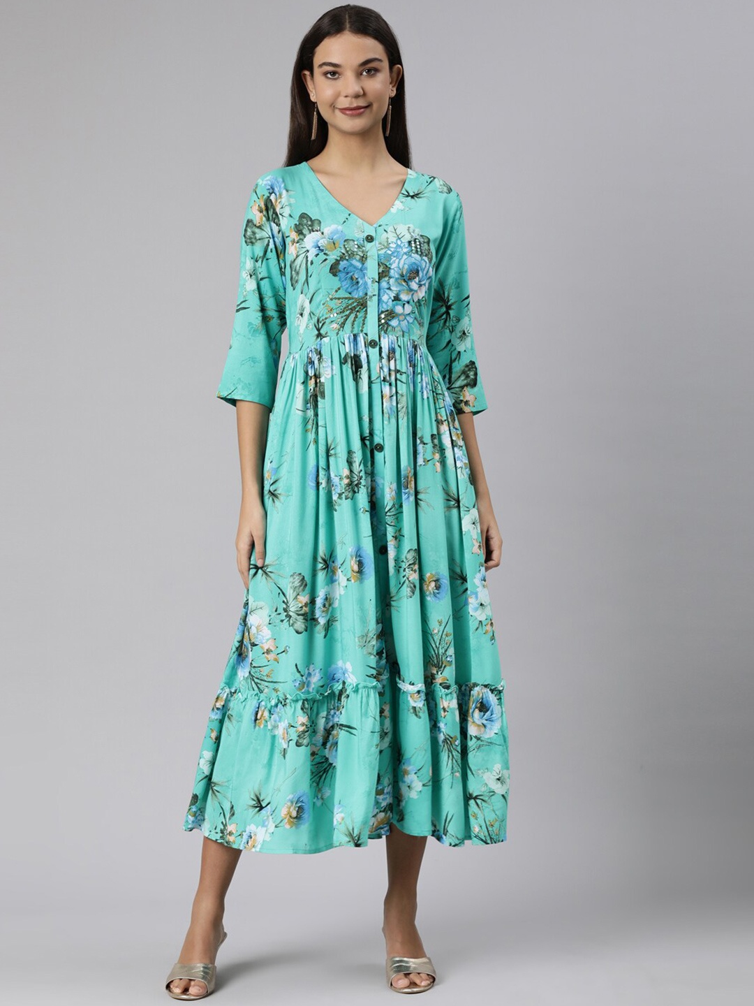 

Neerus Floral Printed V-Neck Gathered Detail A-Line Dress, Sea green