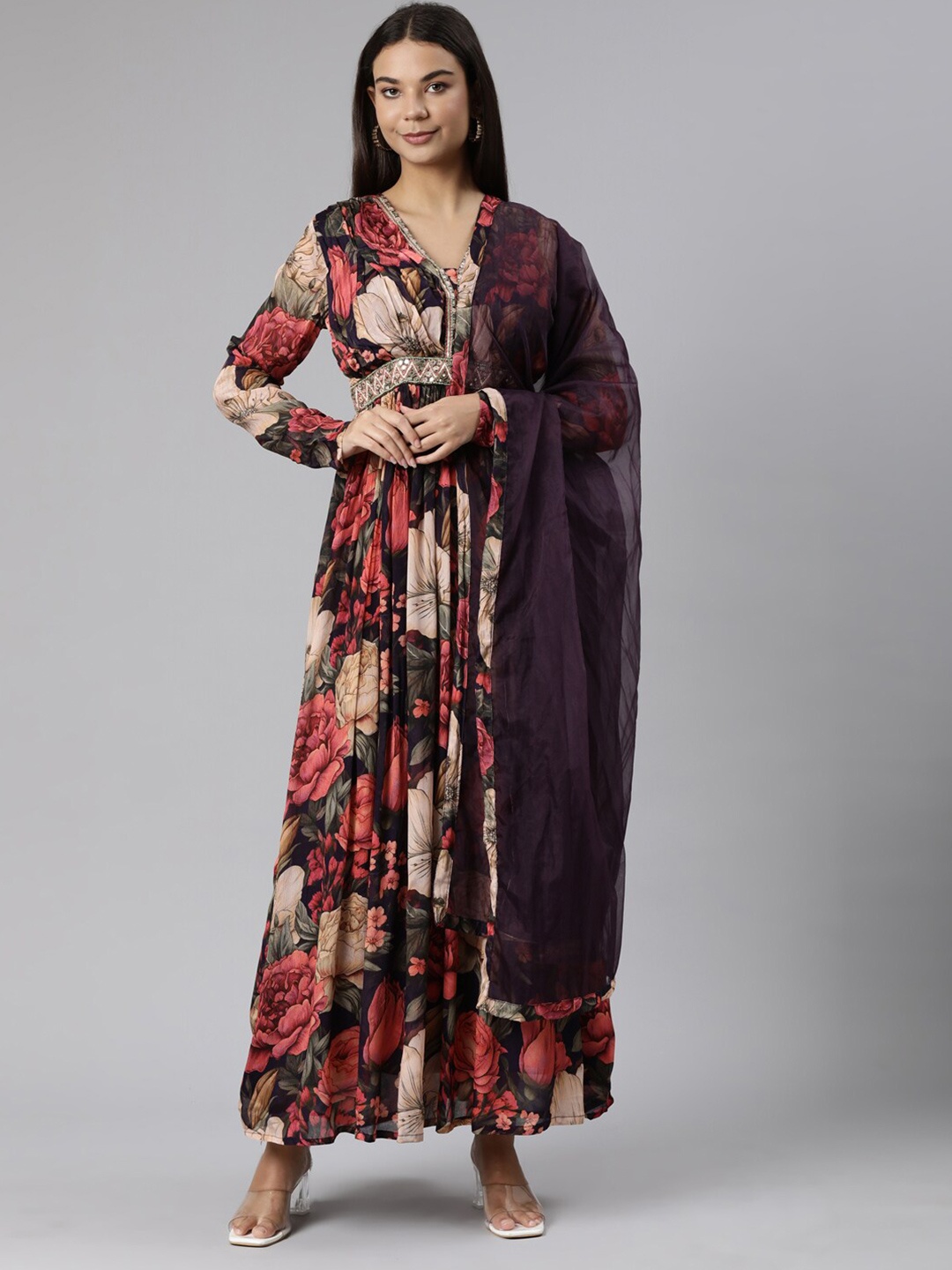 

Neerus Floral Printed Maxi Ethnic Dress With Dupatta, Black