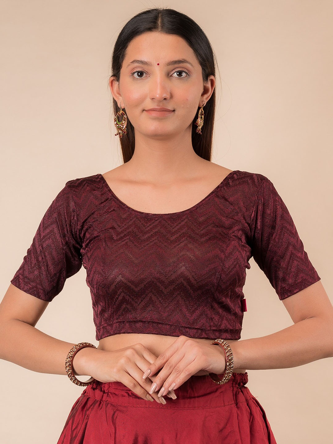 

Bindigasm's Advi Zig Zag Woven Design Jacquard Stretchable Saree Blouse, Brown