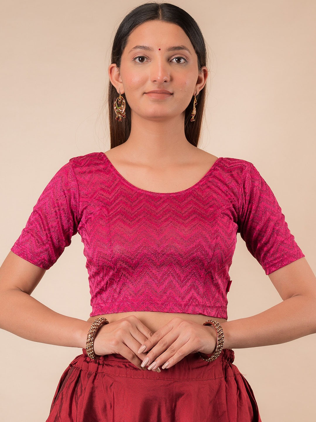 

Bindigasm's Advi Zig Zag Woven Design Jacquard Stretchable Saree Blouse, Pink