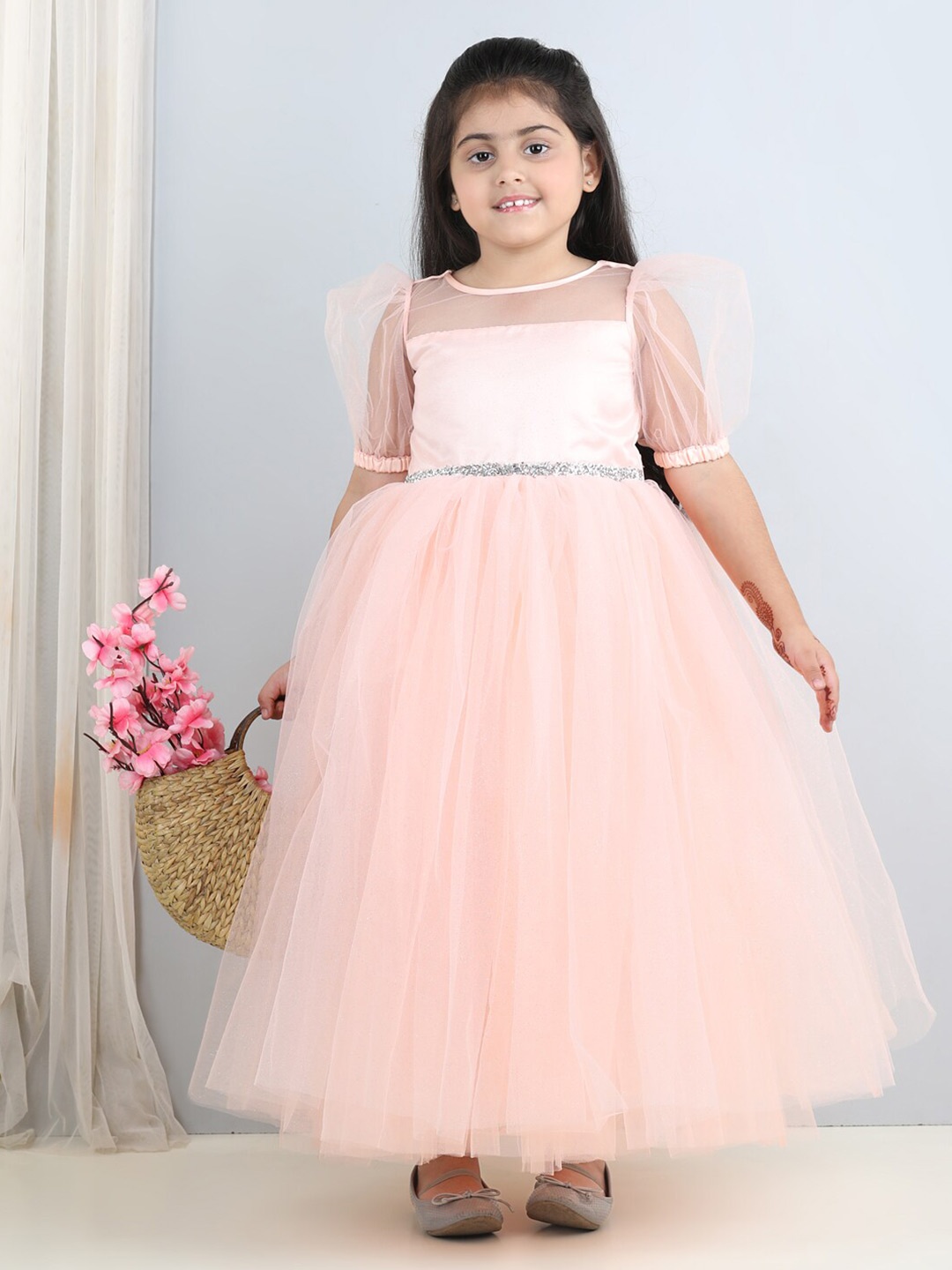 

Toy Balloon kids Girls Puff Sleeve Sequinned Net Fit & Flare Maxi Dress, Peach