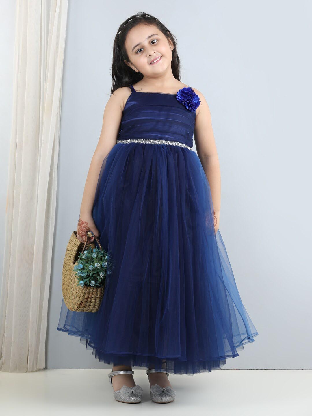 

Toy Balloon kids Girls Embellished Shoulder Straps Net Maxi Dress, Navy blue